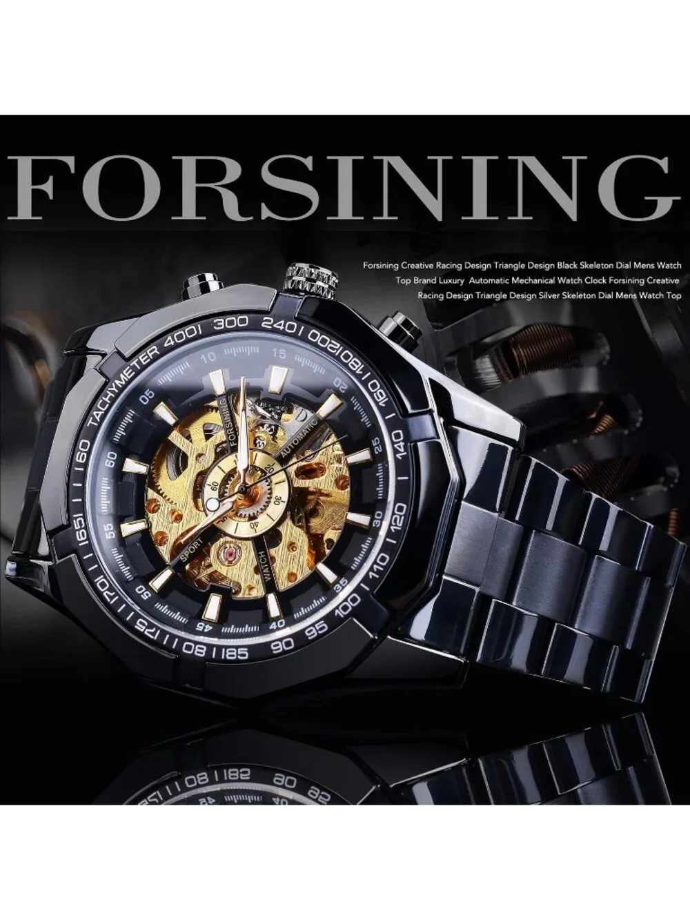 Men's Black Gold Self-Wind Skeleton Hollow Out Mechanical Automatic Luxury Watch